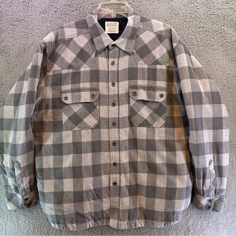 Ariat Men’s XXL Flannel Check Plaid Full Snap Jacket Coat Workwear Grey 2XL